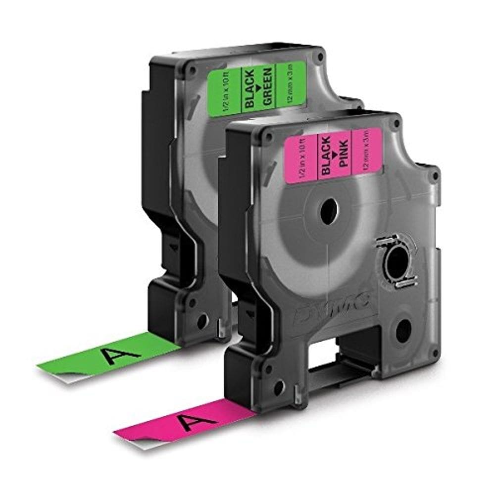 Fita de etiqueta D1 12 mm, verde e rosa, neon, pacote com 2 unidades para DYMO 280