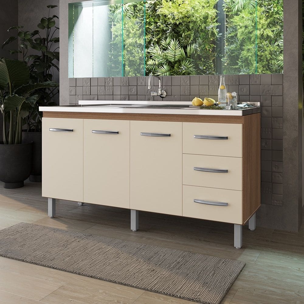 Balcão para Pia 150cm com 03 Portas e 03 Gavetas Diana Savana Off White Moblis