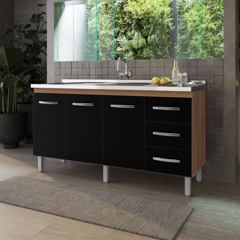 Balcão para Pia 150cm com 03 Portas e 03 Gavetas Diana Savana Preto Moblis