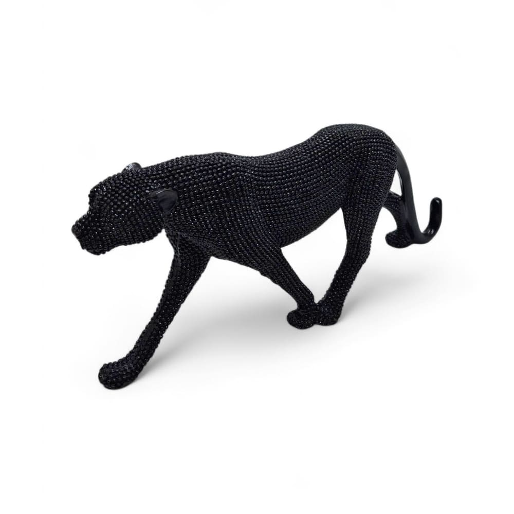 Estátua Leopardo Preto Andando Brilhante Detalhado 23 cm