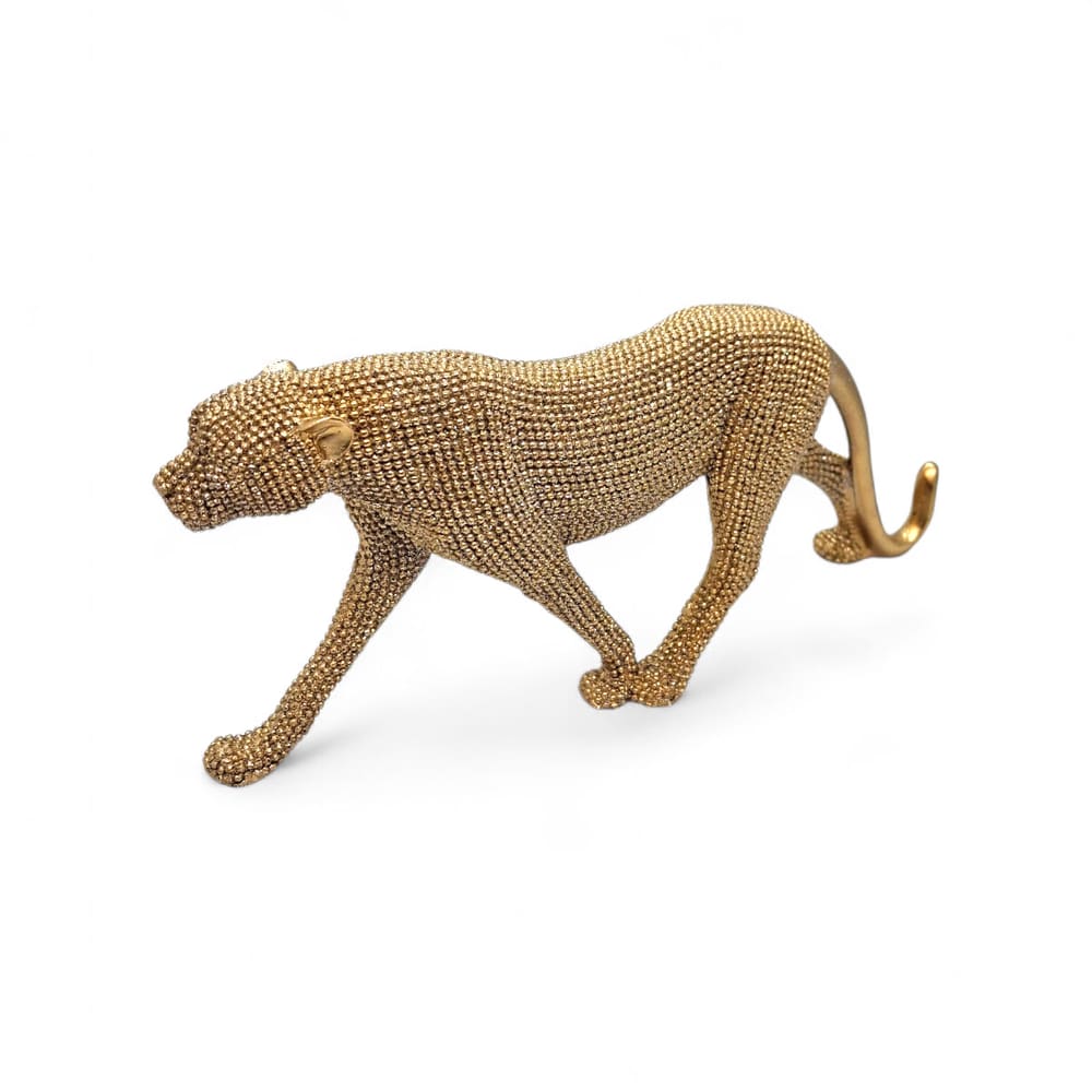 Estátua Leopardo Dourado Andando Brilhante Detalhado 23 cm