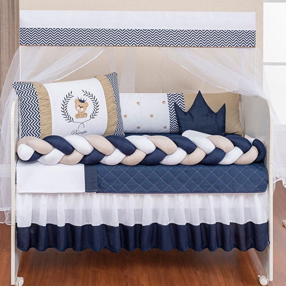 Jogo De Berço Completo  Azul Marinho 14 Peças Com Saia Box