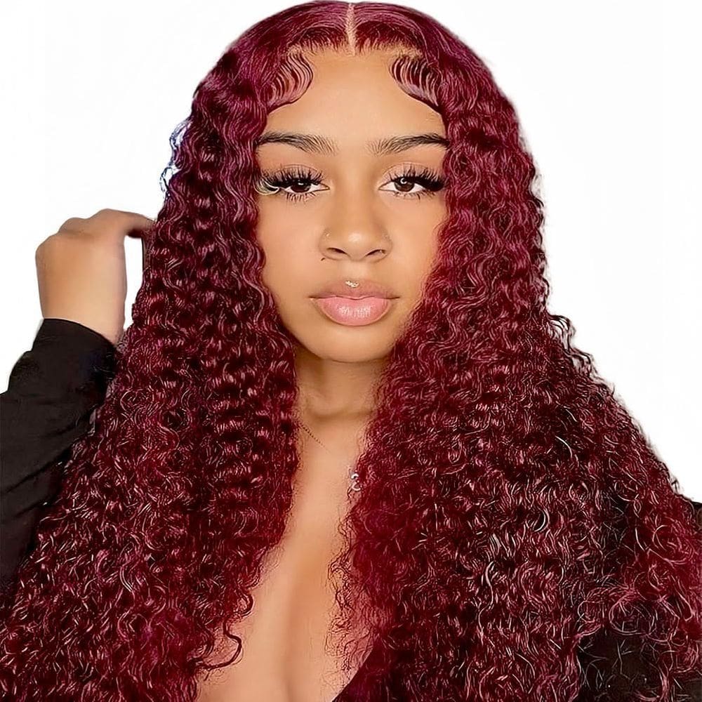 Peruca Wighottie 99j Burgundy Deep Wave Lace Front Human Hair