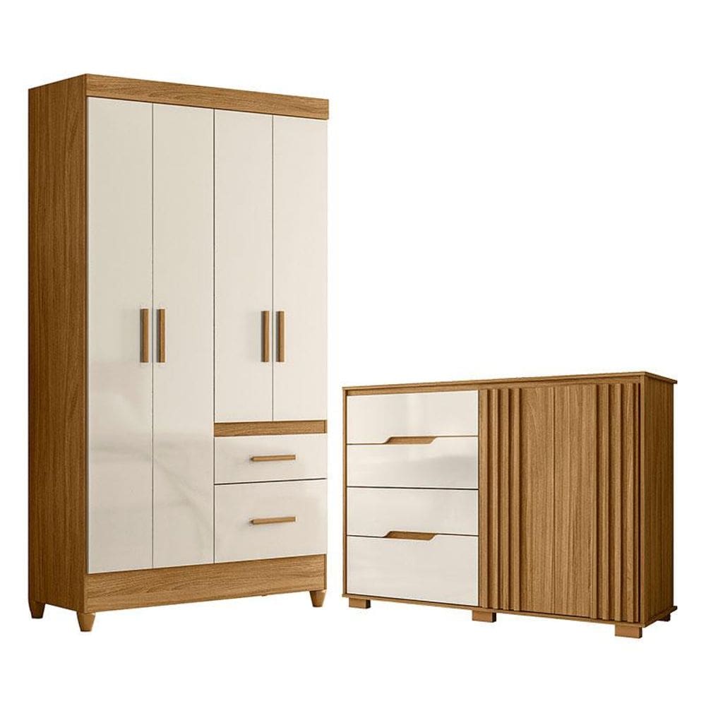 Guarda Roupa Solteiro Madri e Cômoda Texas Freijó Off White - Moval