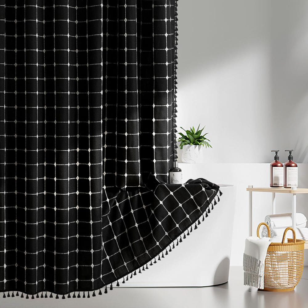 Cortina de chuveiro Yuanice Long Boho em tecido de linho 200x180cm preto