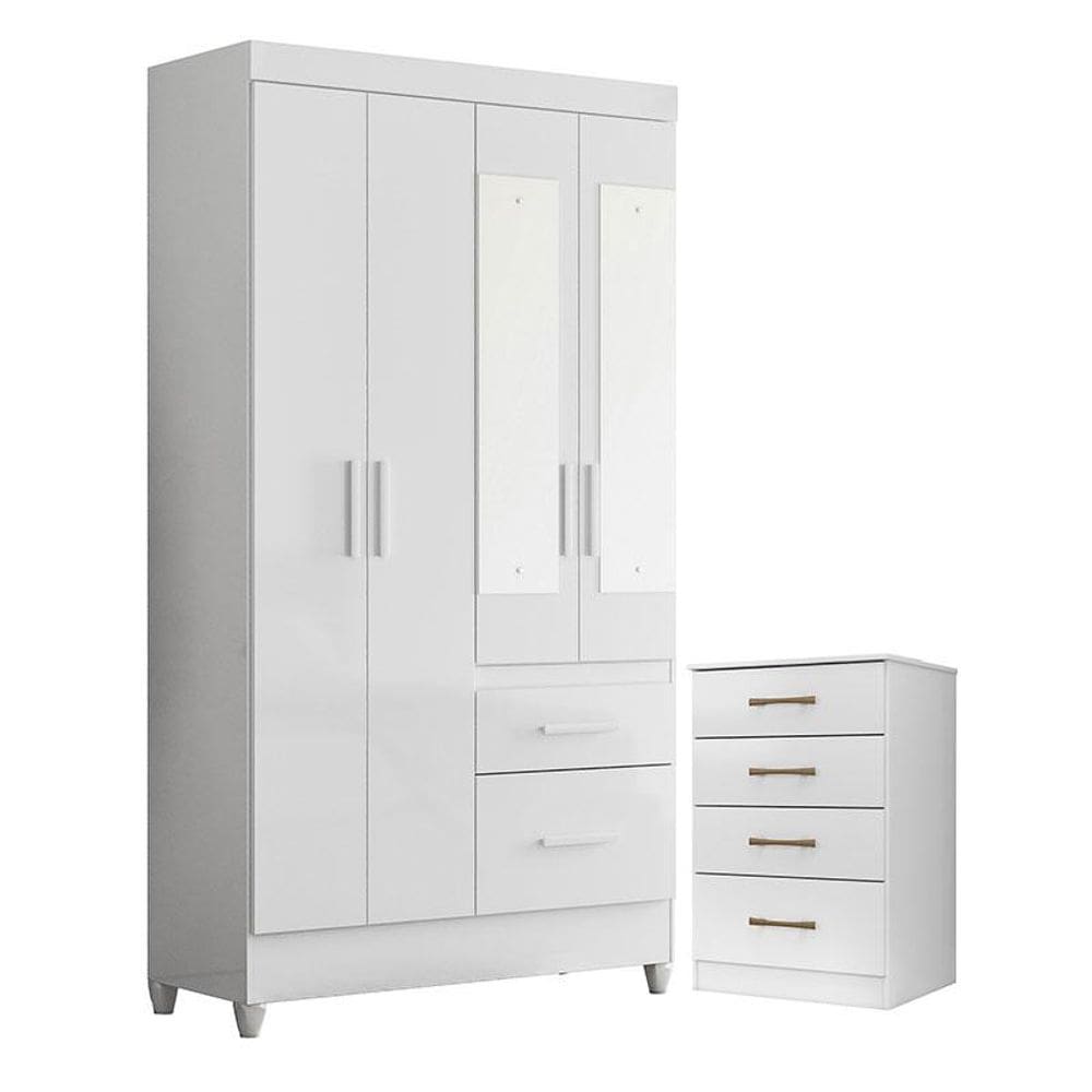 Guarda Roupa Solteiro Madri Flex com espelho e Cômoda MS913 Branco Brilho - Moval