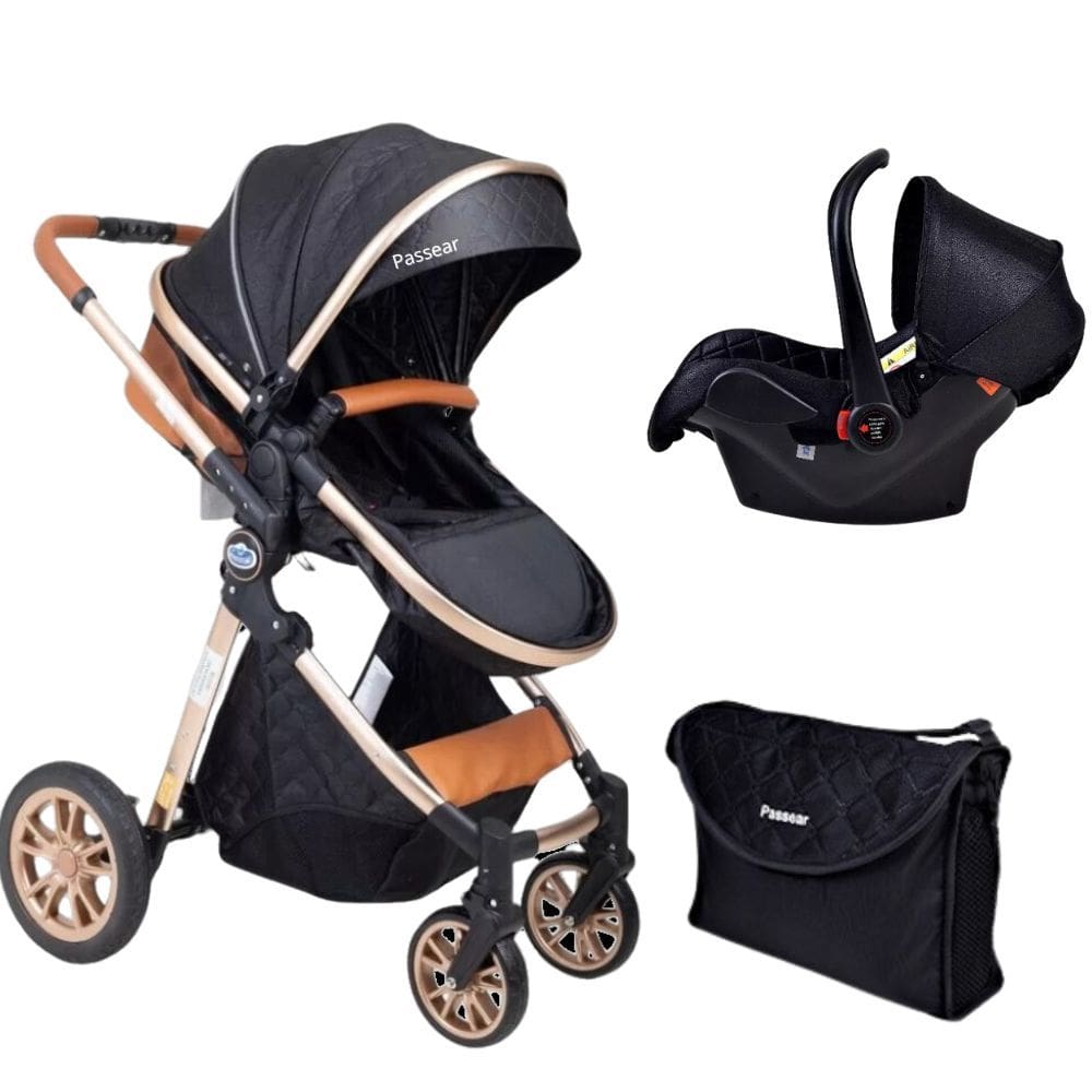 Carrinho Europeu Luxo Com Bolsa Ares Preto + Bebe Conforto - Passear Baby