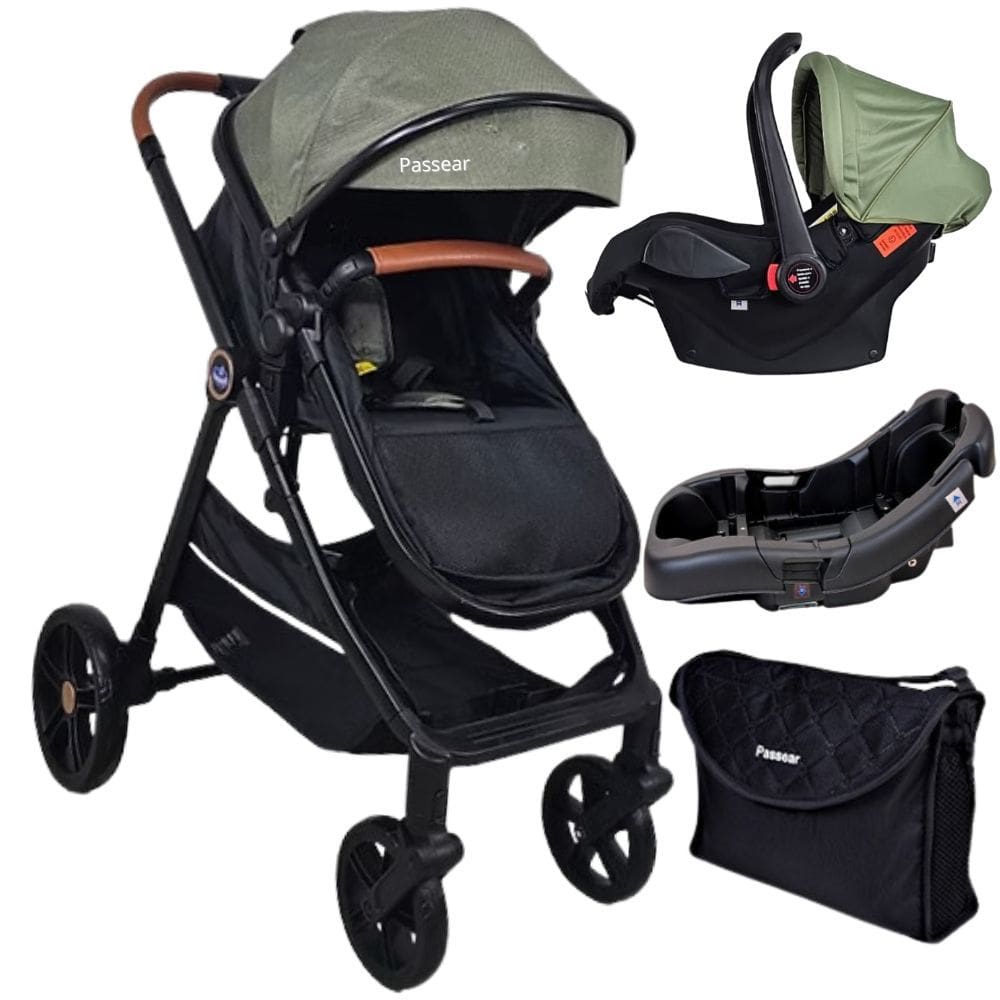 Carrinho De Bebe 3 Em 1 Apolo Verde + Bebe Conforto Aconchego + Base + Bolsa - Passear Baby