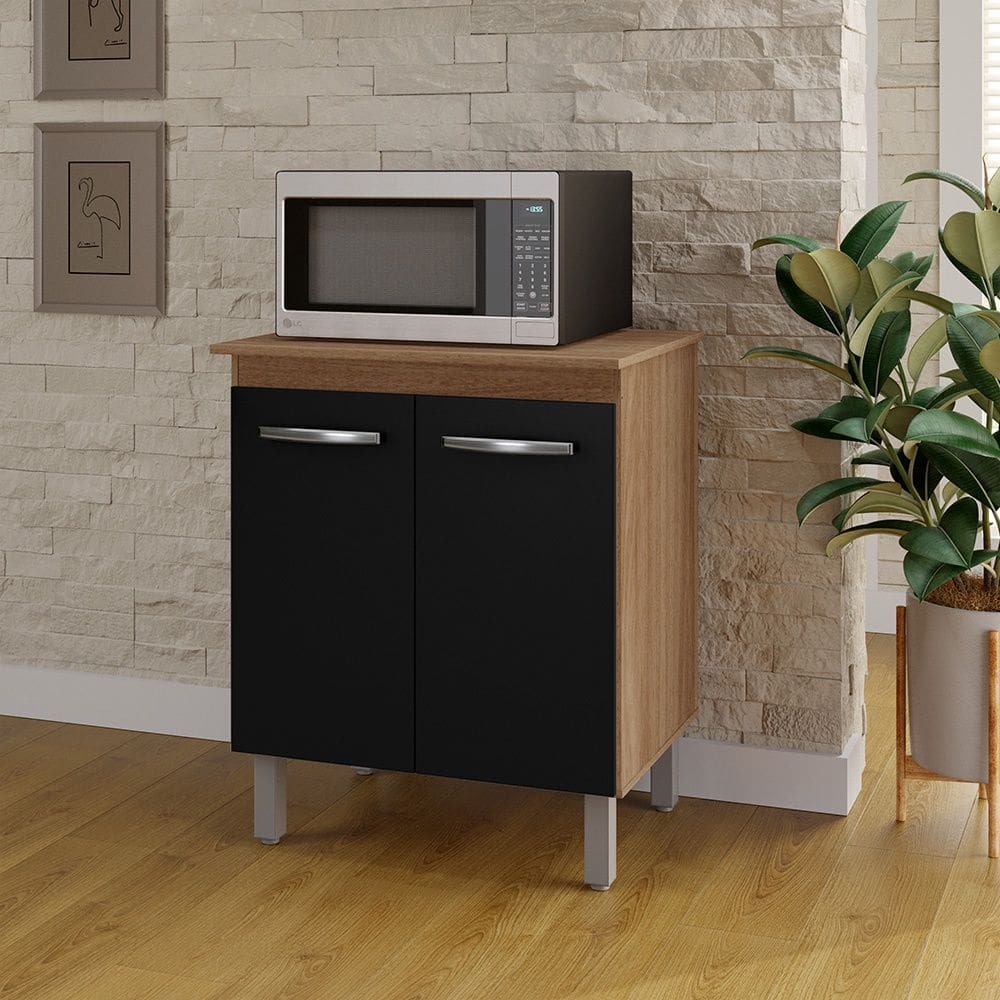 Armário Balcão Multiuso para Cozinha Micro-ondas ou Forno Serena 02 Portas Savana Preto Moblis