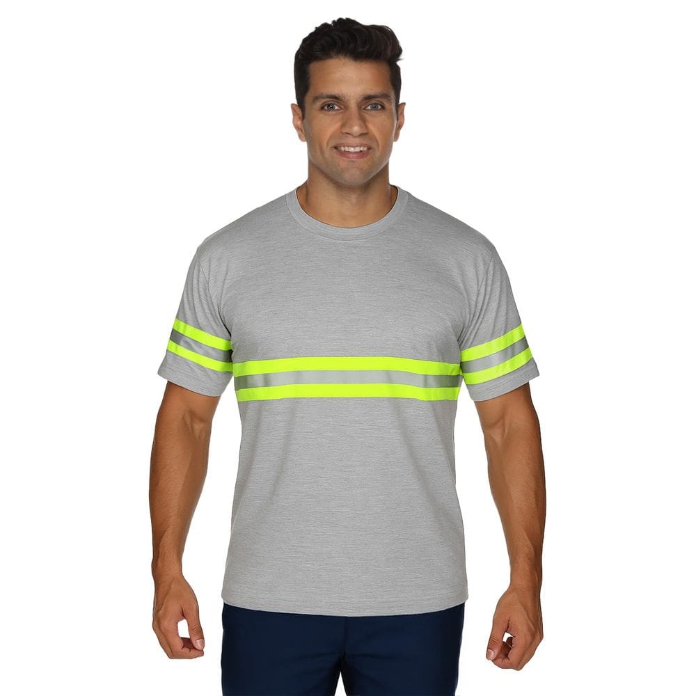 Camiseta manga curta com faixa refletiva 65% poliéster e 35% viscose