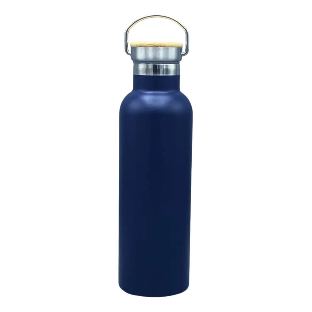Garrafa Termica Azul Squeeze 750ml De Aço Inox Com Tampa De Bambu Amigold
