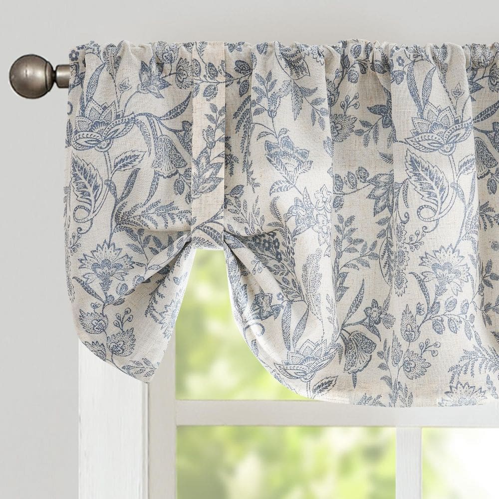 Cortina Valance Lazzzy Farmhouse azul de linho floral 50x45cm