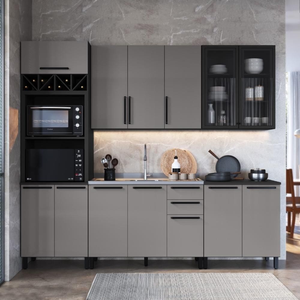 Cozinha Modulada Completa Fidelitá Mônaco 5 Peças 270cm 13 Portas 2 Gavetas Sem Tampo Cinza/Titânio