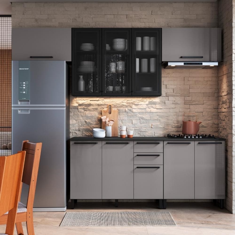 Cozinha Modulada Completa Fidelitá Mônaco 5 Peças 280cm 10 Portas 2 Gavetas Com Tampo Cinza/Titânio