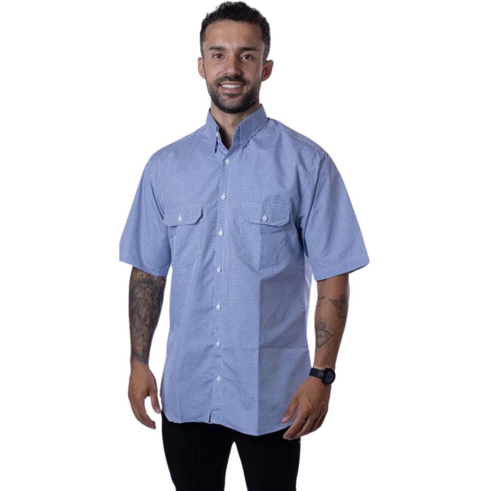 Camisa Social Xadrez Manga Curta Azul Royal