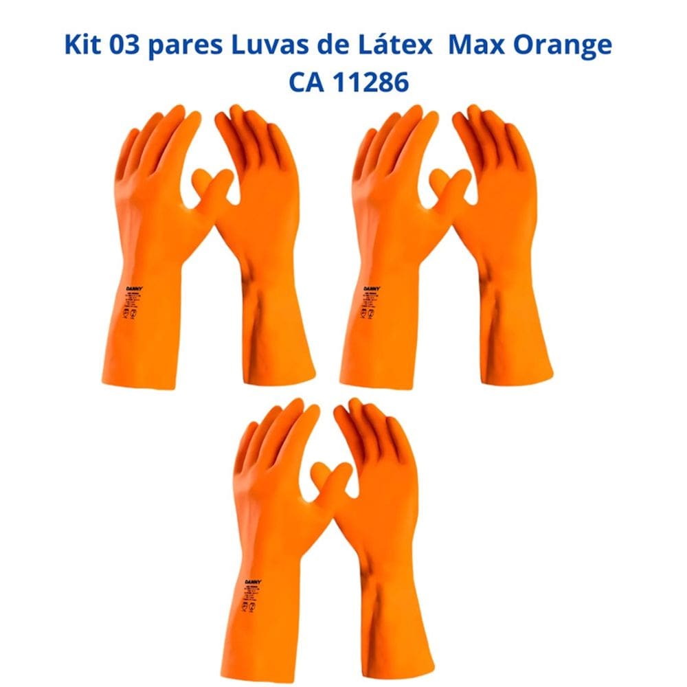 Kit 3 Luvas Látex Laranja Reforçada Forrada Max Orange DA208 Danny CA 11286