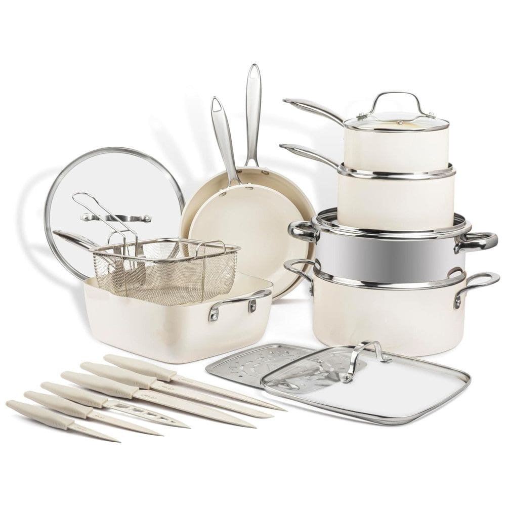 Conjunto de Panelas e Frigideiras Antiaderentes de Cerâmica não Tóxica 20 Peças com Acessórios, Gotham Steel, Creme Branco