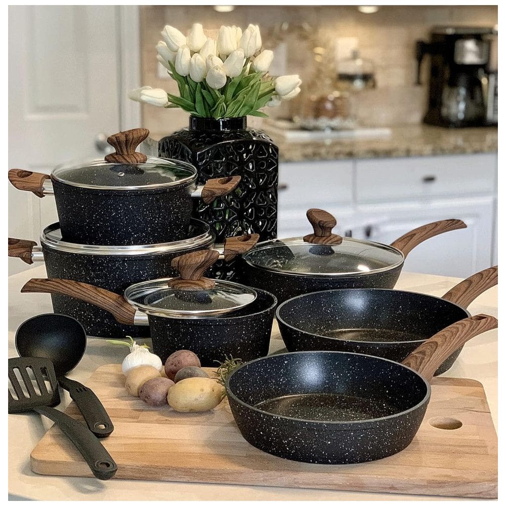 Conjunto de Panelas e Frigideiras de indução Antiaderentes de Granito, 12 Peças , KITCHEN ACADEMY, Preto