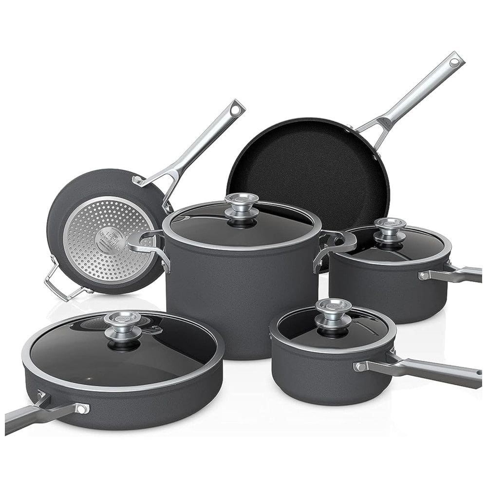 Conjunto de Panelas e Frigideiras Antiaderentes Anodizadas com Tampas de Vidro, 10 Peças, NINJA C59500, Preto