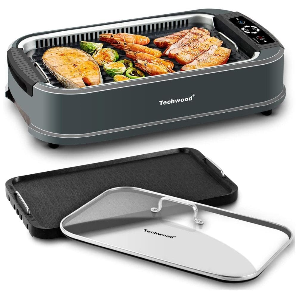 Churrasqueira Elétrica Techwood Sem Fumaça, 1500W, Grelha Coreana de Mesa com Vidro Temperado, Placas Removíveis de Grelha e Chapa com