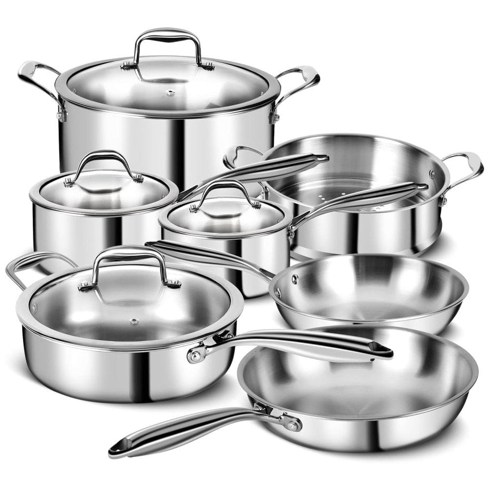 Jogo de Panelas em Aço Inoxidável de 3 Camadas com 11 Peças, Tampa, Panelas e Frigideiras - Jogo de Cozinha EWFEN