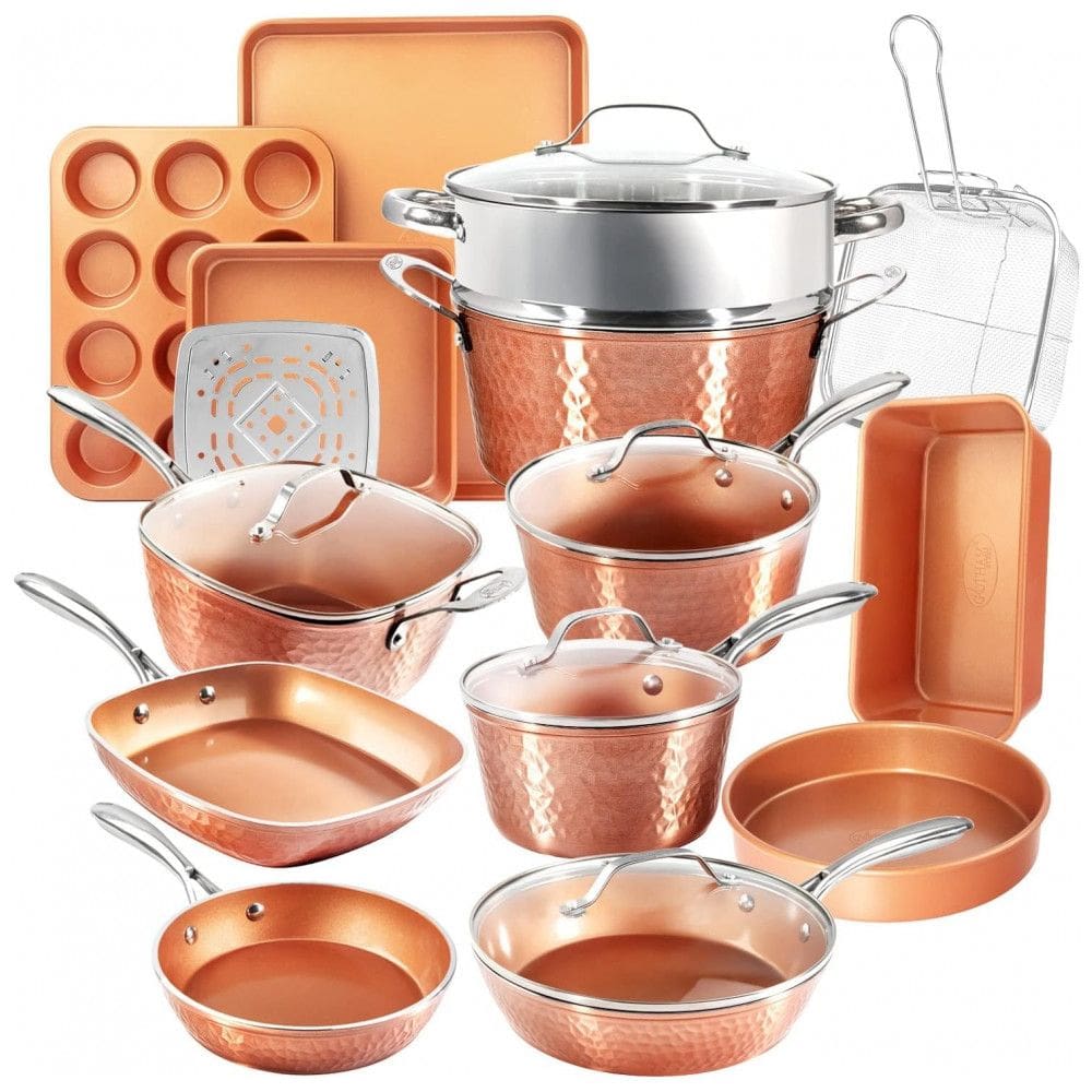 Conjunto de Panelas e Frigideiras Antiaderentes e Utensílios, 20 Peças, Cobre, GOTHAM STEEL, Dourado