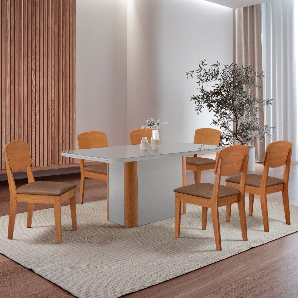 Mesa de Jantar Isadora 180cm Tampo MDF Vidro com 6 Cadeiras Copper