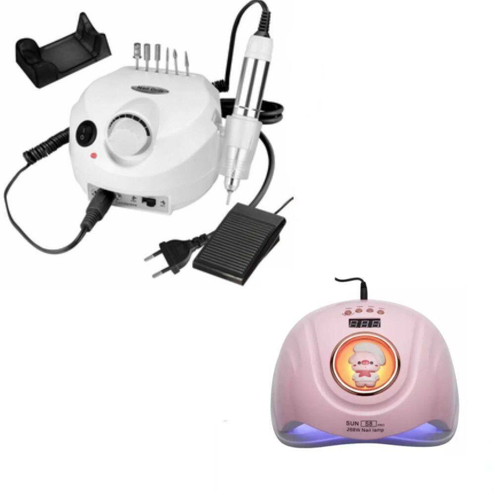 Lixadeira Motor Porquinho 30 Mil Rpm Bivolt + Cabine De Unha Sun S8 Profissional 268w Branco Rosa