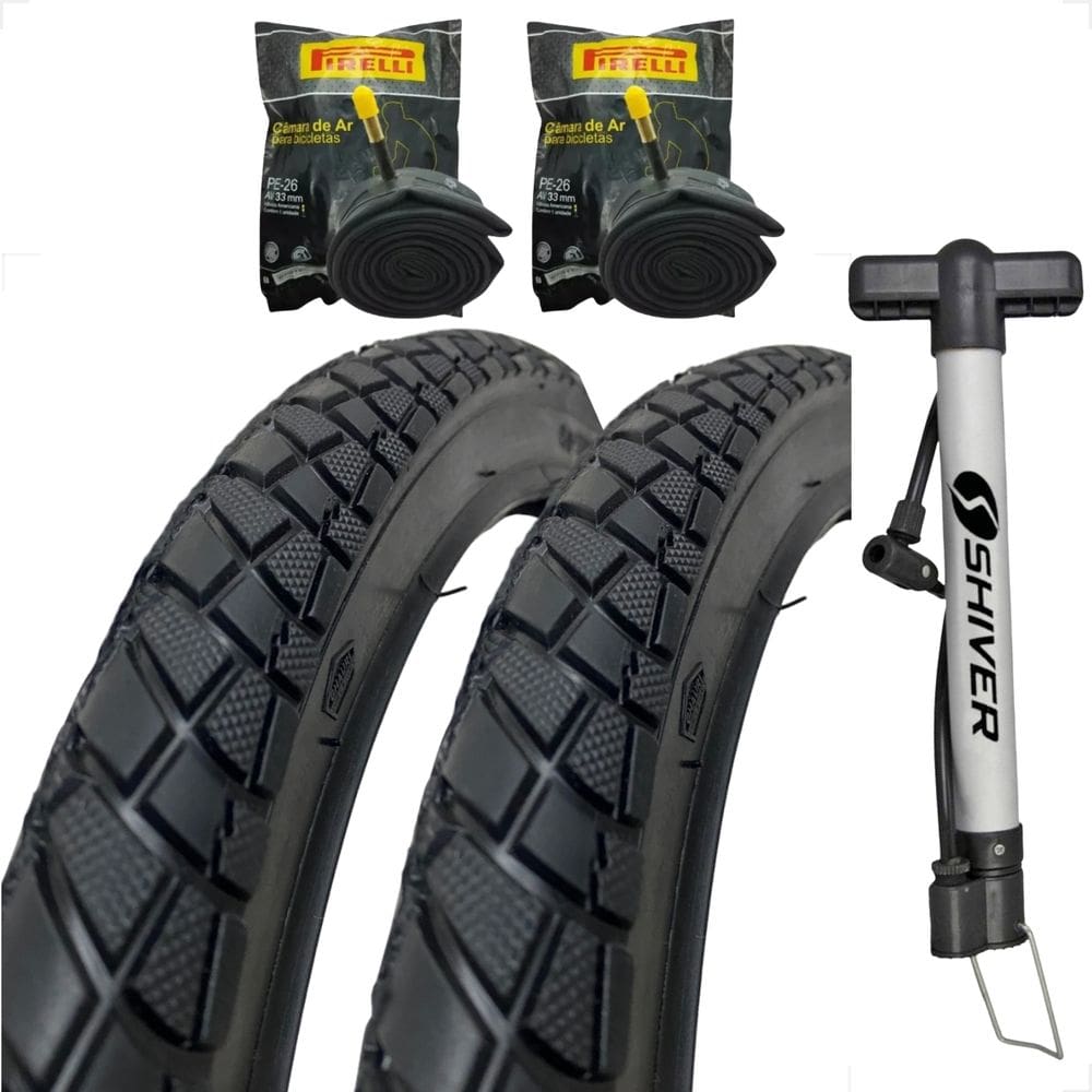 PAR Pneu Bicicleta Shiver tipo praieiro Aro 26 X 2.125 Caloi tropical + PAR Camara pirelli + Bomba
