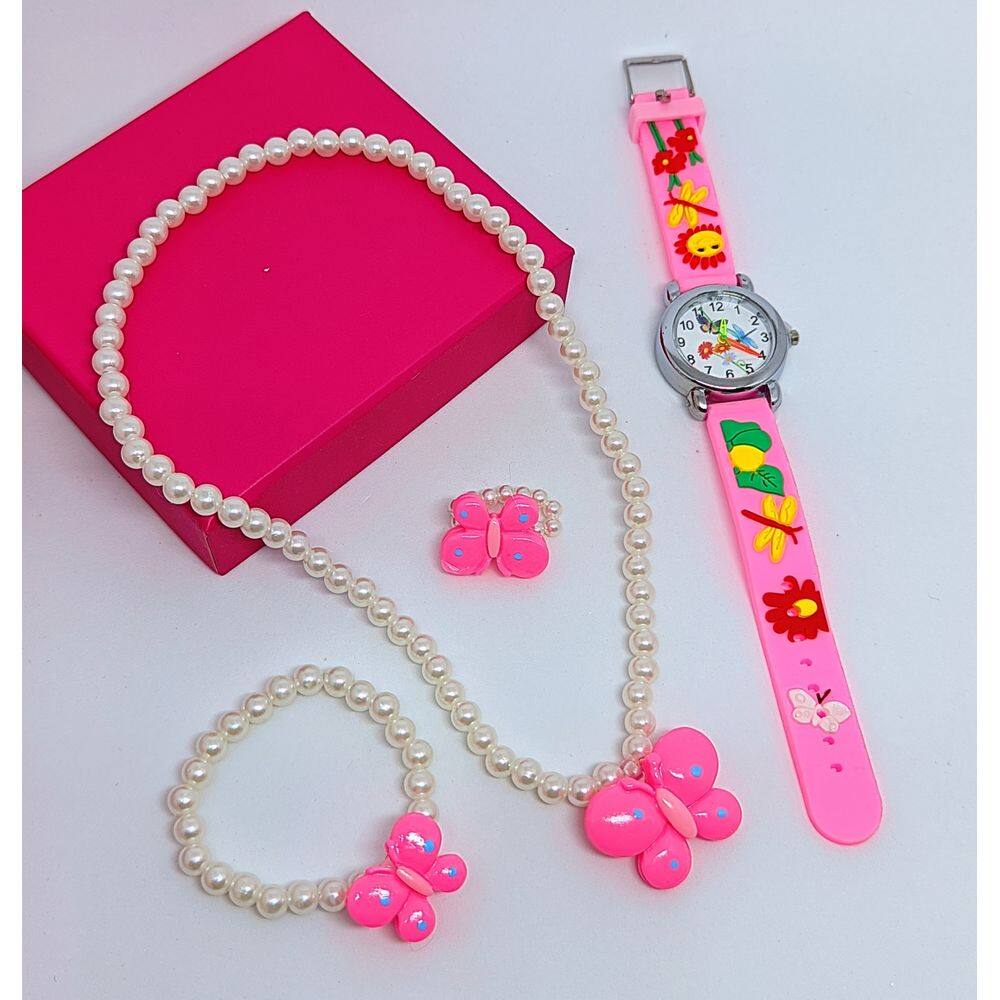 Kit Relógio Infantil Analógico Redondo quartzo Silicone Desenho animados 3D + Conjunto Colar Pulseira Anel Miçangas
