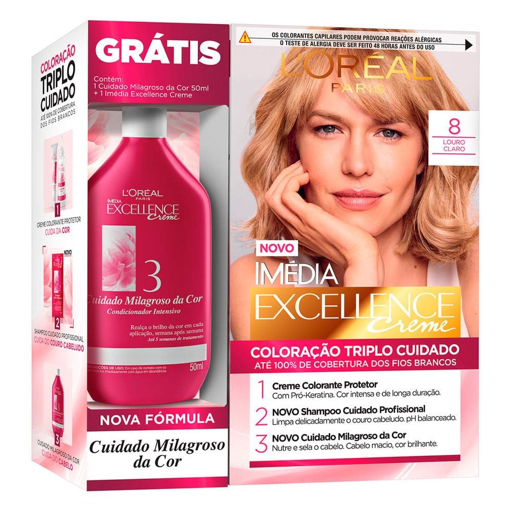 Kit Tintura Imédia Excellence L`oréal Louro Claro 8 Ganhe Condicionador Cuidado Milagroso da Cor