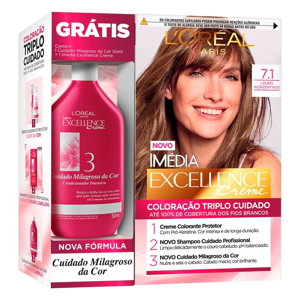 Kit Tintura Imédia Excellence L`oréal Louro Acinzentado 7.1 Ganhe Condicionador Cuidado Milagroso da Cor