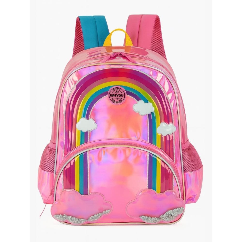 Mochila Escolar Menina De Costas Arco-Íris Holográfica Rosa