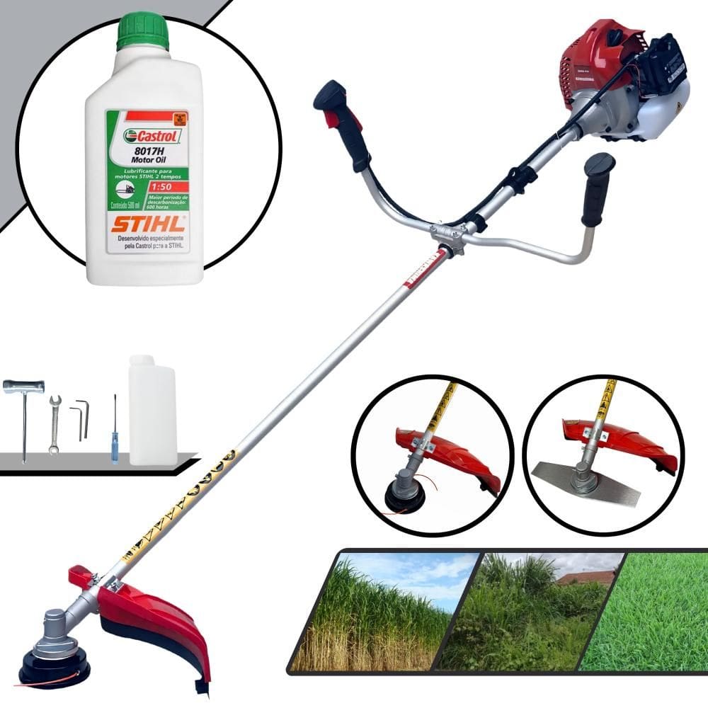 Roçadeira Multifuncional Profissional Kawashima BCJ521L À Gasolina 52cc 2,5HP de Potência 10.000rpm + Lâmina 2 Pontas + Carretel + ÓLEO STIHL 2 Tempos