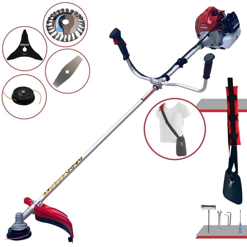 Roçadeira Kawashima BCJ521L À Gasolina 52cc 2,5HP Multifuncional Com Carretel Nylon + Faca 2 Pontas + Faca 3 Pontas + Escova de Aço Rotativa 24 Cerdas