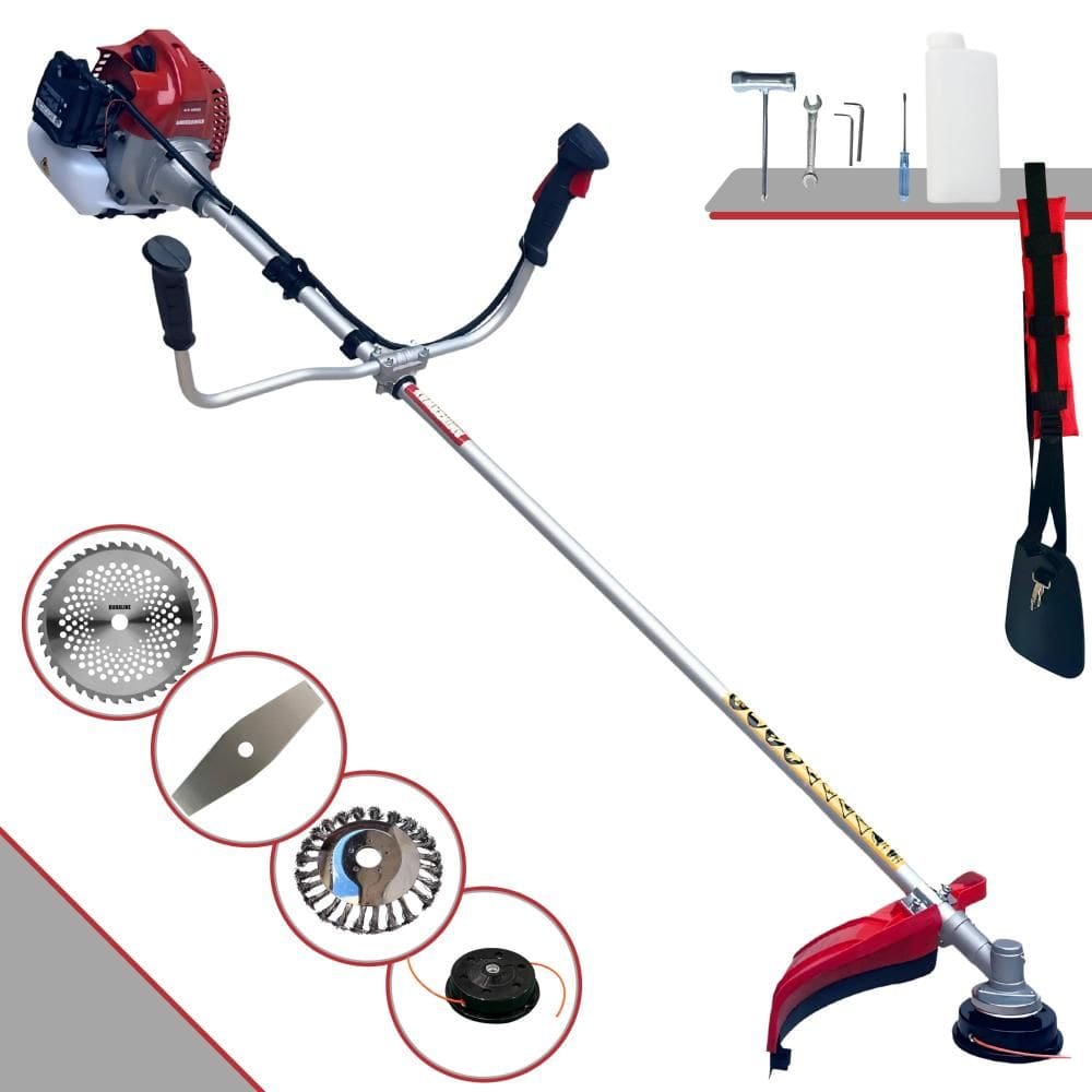 Roçadeira Lateral Kawashima BCJ521L À Gasolina 53cc 2,5HP 10.000rpm 4 Em 1 Com Carretel Nylon e Faca 2 Pontas + Faca 40 Dentes + Disco Escova de Aço