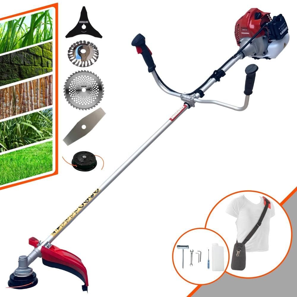 Roçadeira Podador de Grama À Gasolina Kawashima BCJ521-L 52cc 2,5HP 10.000rpm + Lâmina 3 Pontas + Lâmina 40 Dentes de Vídea + Escova de Aço 24 Cerdas