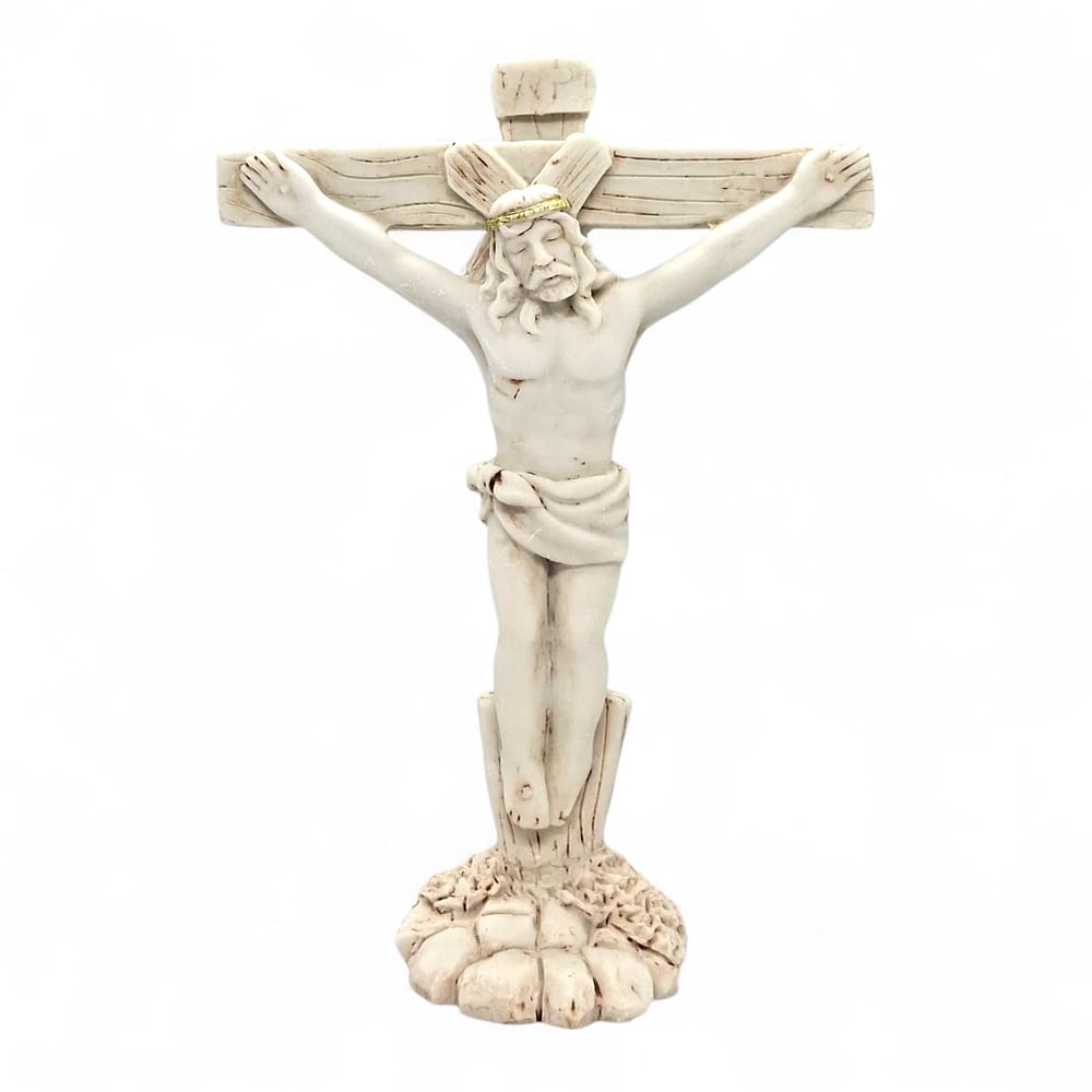 Estátueta Jesus na Cruz de Resina Branca Fé no Seu Lar 15 cm