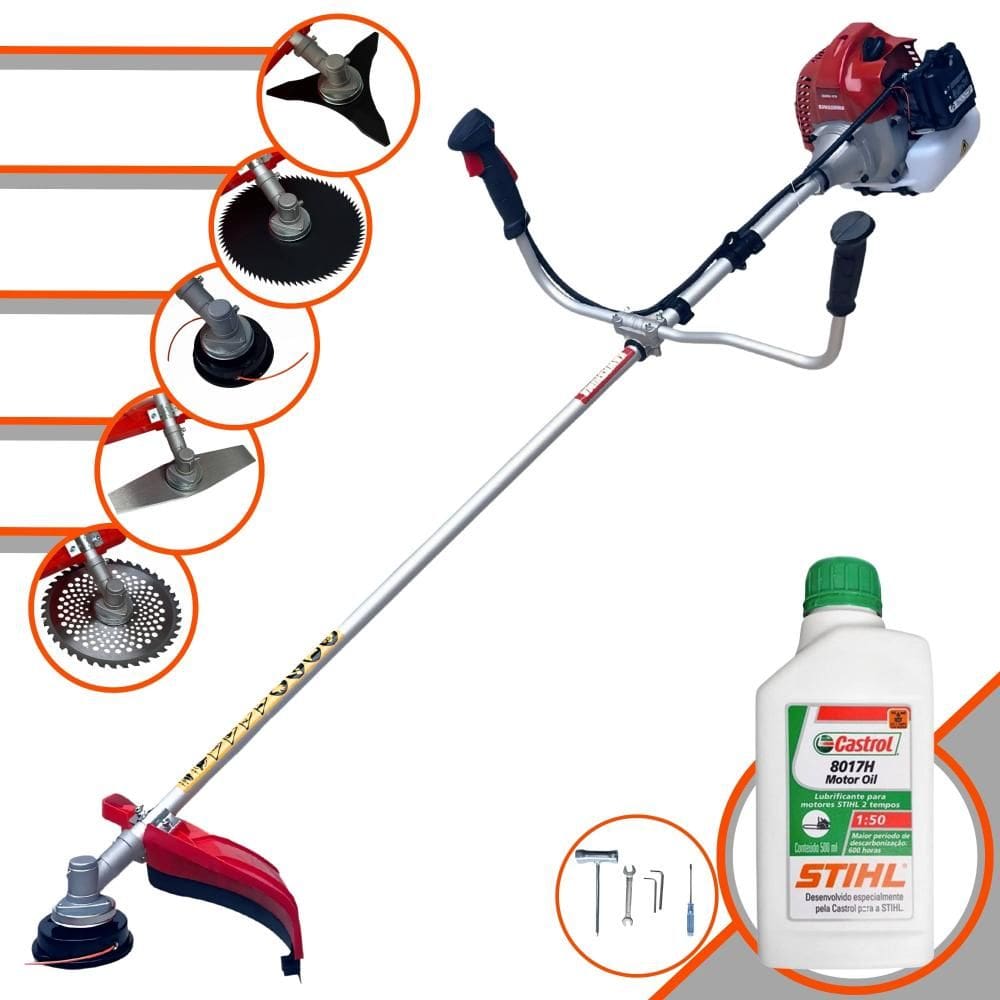 Roçadeira Máquina de Corta Grama Kawashima BCJ521L À Gasolina 52cc 2,5HP 10000rpm Multifuncional Completa Com 5 Opções de Cortes + ÓLEO STIHL 2 Tempos