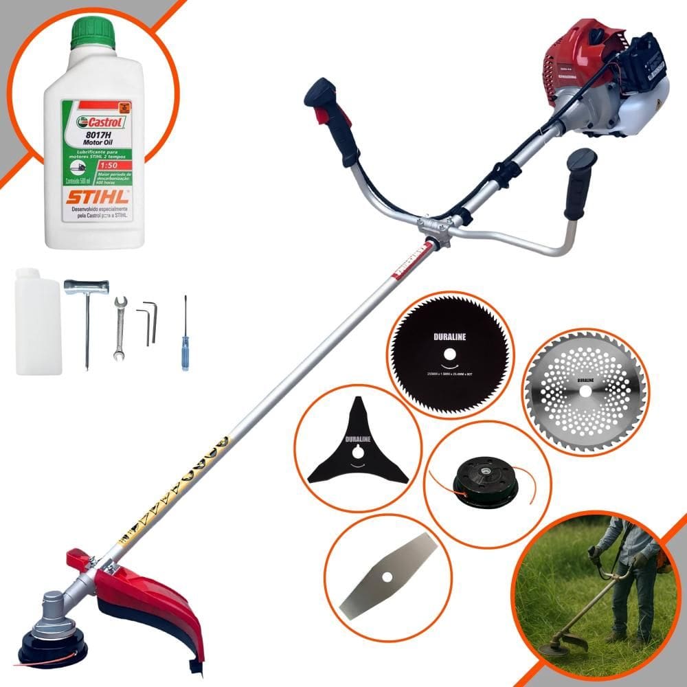 Roçadeira Kawashima BCJ521L 52cc 2,5HP Com Carretel de Nylon + Lâmina Facão + Lâmina 3 Pontas + Lâmina 40 Dentes + Lâmina 80 Dentes + ÓLEO STIHL 2T