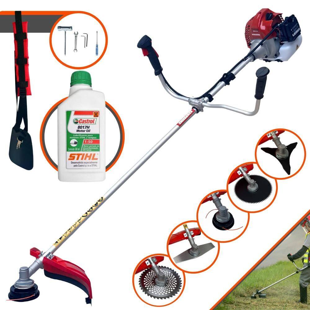 Roçadeira Robusta Kawashima BCJ521L À Gasolina 52cc Com Carretel + Faca 2 Pontas + Faca 3 Pontas + Faca 40 Dentes + Faca 80 Dentes + ÓLEO STIHL 2T