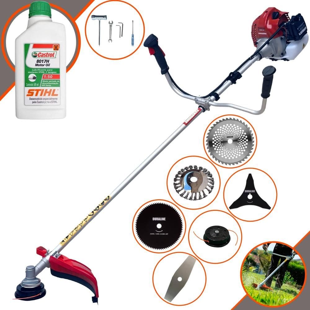 Roçadeira Robusta Kawashima BCJ521L À Gasolina 52cc 2,5HP 10.000rpm Multifuncional Com Carretel + 4 Lâminas de Corte + Escova de Aço + ÓLEO STIHL 2T