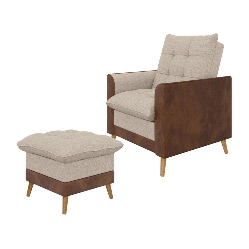 Poltrona York c/ Puff em Linho com Detalhes Courino Just Time