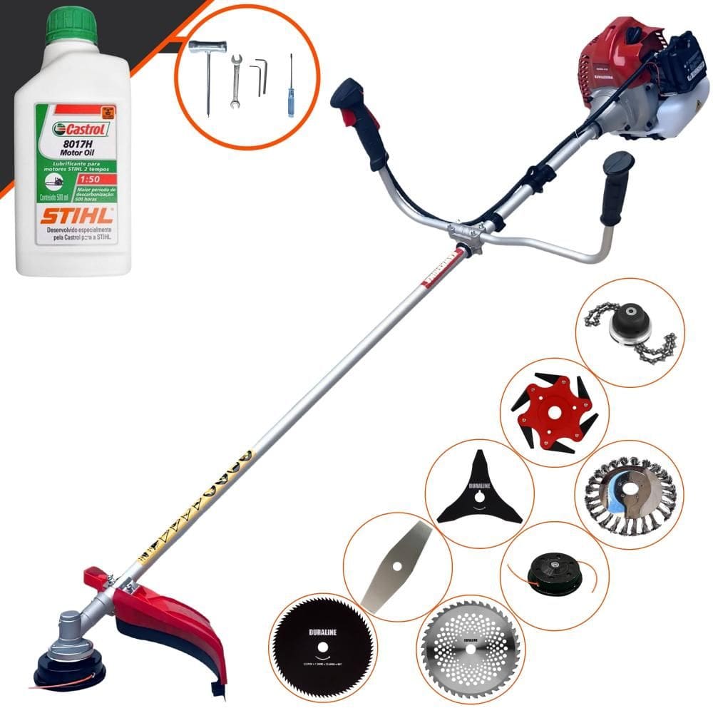 Cortador de Grama Completa À Gasolina Kawashima BCJ521L 52cc 2,5HP Alta Performance Com Carretel Nylon + Kit 7 Opções de Corte + ÓLEO STIHL 2 Tempos