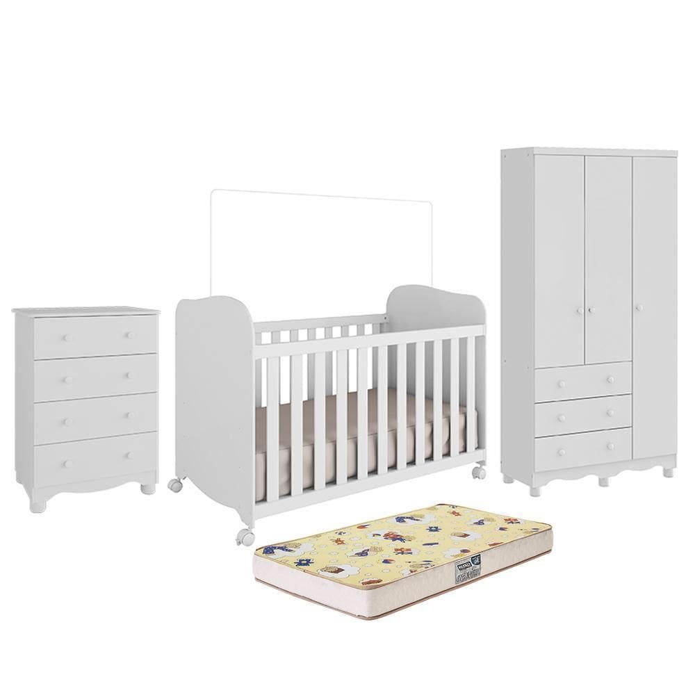 Dormitório Infantil Júnior 3 Portas, Cômoda e Berço Uli com Colchão Supreme - Móveis Peroba