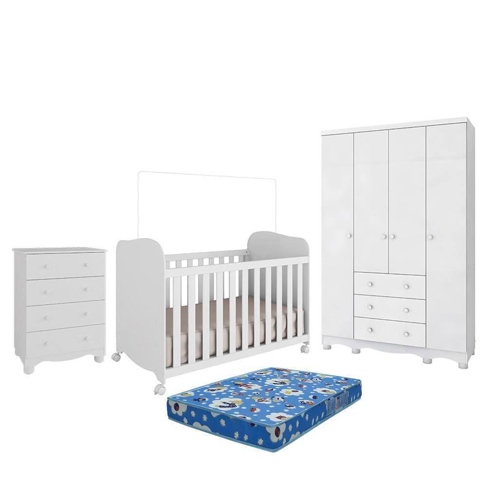 Dormitório Infantil Júnior 4 Portas, Cômoda e Berço Uli com Colchão Baby Physical - Móveis Peroba