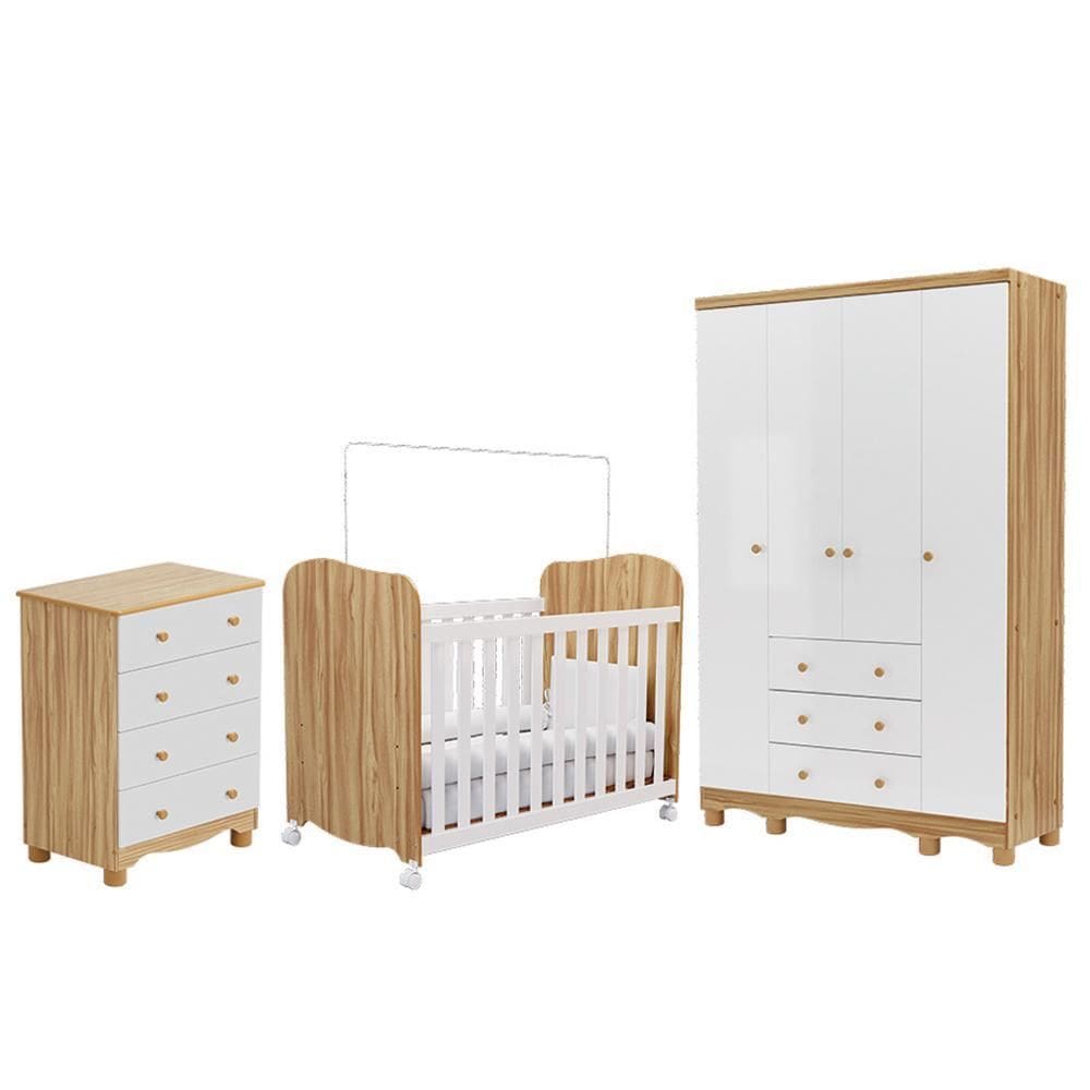 Dormitório Infantil Júnior Guarda Roupa 4 Portas, Cômoda e Berço Uli - Móveis Peroba