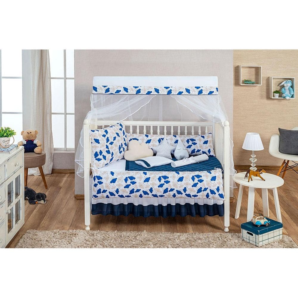 Kit Berço Desenho De Nuvem 8 Peças Menino Azul Marinho