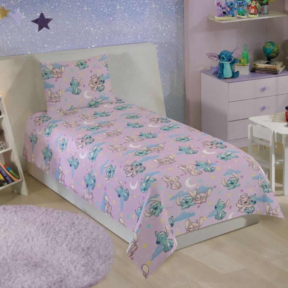 Jogo Lençol 100% Microfibra Stitch Angel 2 Pçs Estampado Ofi