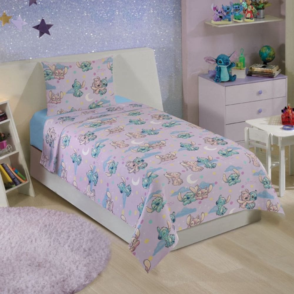 Roupa de Cama 100% Microfibra 3 Peças Stitch Angel Rosa Solt